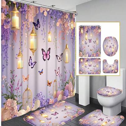 1/3/4 Sets Purple Butterfly Candle Lamp Shower Curtain Set; Dreamy Mori Style Design, Waterproof And Durable, Suitable For Bathroom Decor And Accessories. Size: 71"X71", Includes 12 Hooks, Toilet Seat Cover, Bath Mat And Rug