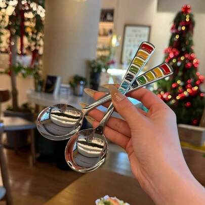 Set Of Two Metal Spoons With Enamel Block Stripes, Durable And Rust-Resistant, Perfect For Dining, Serving, And Cooking, Elegant Addition To Kitchen And Dining Table, Ideal Gift For Housewarmings, Weddings, Birthdays, Anniversaries, And Holiday Celebrations, Practical For Daily Meals, Entertaining Guests, And Special Occasions, Easy To Clean And Maintain, Stylish And Versatile Utensil For Home And Professional Kitchens