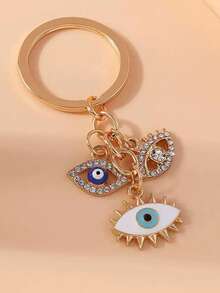 Porte-clés femme haut de gamme à la mode avec pendentif œil maléfique en strass, cordon et anneau de clé de voiture unique - Or-Nouveau - Voir 3