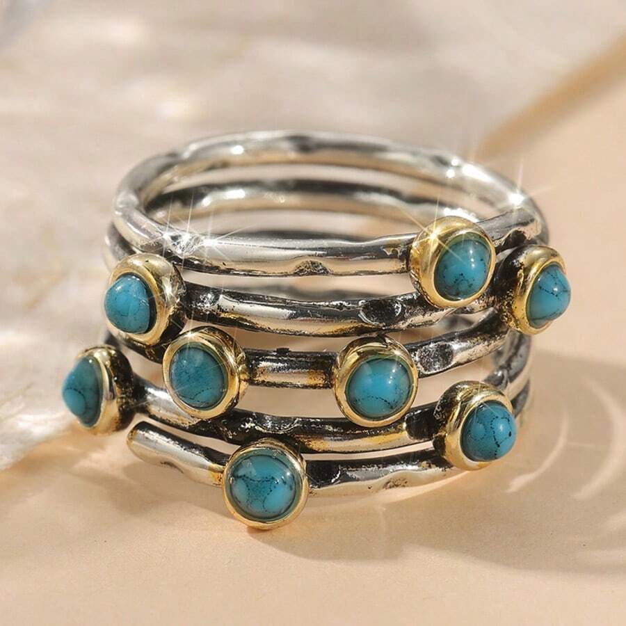 Nhẫn đá Turquoise hình học phong cách Bohemian, nhẫn bạc khắc tên cá nhân, quà tặng ngày lễ đa năng theo phong cách Punk. - Bạc - Xem 1