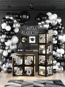 Decoraciones de graduación 2026, decoraciones de graduación 2026 en negro y plateado, caja de regalo de graduación 2026 con letras, orgulloso de ti y suministros para la fiesta de graduación universitaria 2026 - Caja de globos de graduación en negro y plata - Ver 1