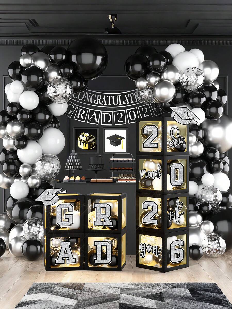 Decoraciones de graduación 2026, decoraciones de graduación 2026 en negro y plateado, caja de regalo de graduación 2026 con letras, orgulloso de ti y suministros para la fiesta de graduación universitaria 2026 - Caja de globos de graduación en negro y plata - Ver 1