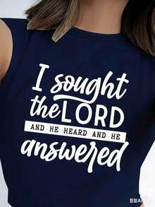 Graphic TeesWomen's Plus Size 100% Cotton Short Sleeve Crew Neck T-Shirt - With "I Sought The Lord And He Heard And He Answered" Faith Graphic (White Font Design), Soft Breathable Casual Top Suitable For Daily Leisure & Faith-Inspired Gatherings100% CottonWomen's Casual Cotton Tee Mother's Day Gift - 藏蓝色 - 查看 3