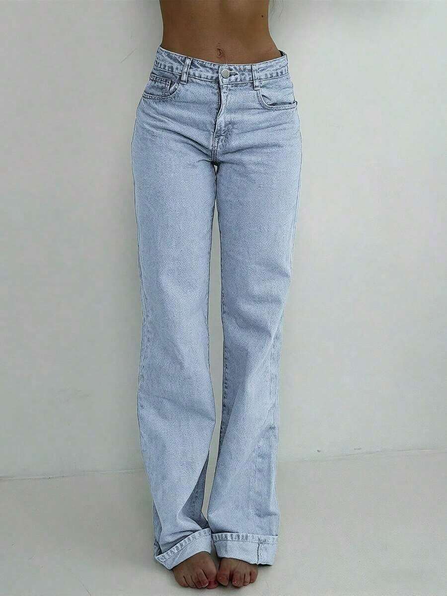 Women's Mid-Rise Loose Wide-Leg Jeans, Y2K Style Casual Loose Solid Color Jeans, Suitable For Street And Daily Wear Spring - Light Wash - View 1