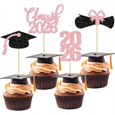 Bộ 12 món trang trí bánh cupcake chủ đề tốt nghiệp năm 2026 lấp lánh, hình bằng tốt nghiệp và mũ tốt nghiệp năm 2026, trang trí bánh kem tiệc tốt nghiệp năm 2026, mang đến trải nghiệm thư giãn và thú vị, lựa chọn quà tặng lý tưởng cho các bữa tiệc tốt nghiệp.