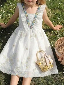 Girls' Summer Embroidered Sleeveless Elegant Dress, Ruffled Shoulder Design, Colorful Floral Sequin Decor, Double-Layer Skirt, Princess Style - White - View 3