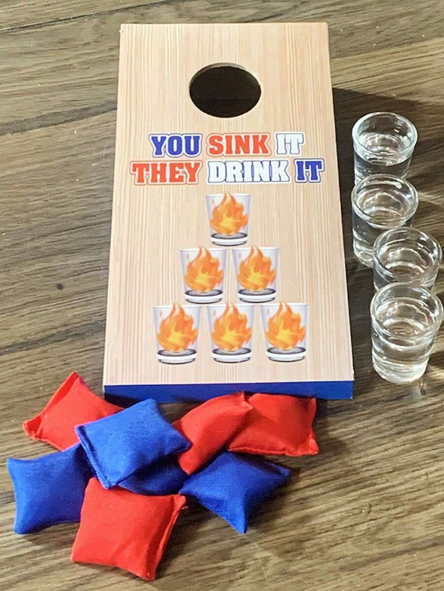 1 Set Random Wood Beanbag Toss Game Board, Outdoor Throwing Cornhole Game, Simple Portable Drinking Prop (6pcs Beanbags) - Multicolor - View 1