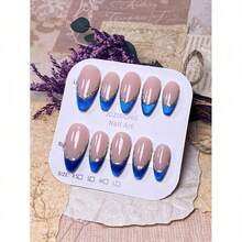 10pcs Handmade Press On Nails Short Almond Shape Reusable Nail Art Stickers Shiny Cat Eye French Manicure Hand-Painted Gold French Tip Pink Blue Gold Minimalist Cute Nails Elegant Daily Work Office Wedding Party Travel Easy To Apply Portable Nail Kit With File & Sticky Tabs  Odorless Flexible Soft Gel Feel Long-Lasting Wear No Glue Needed For Women Girls - 寶藍色 - 查看 3