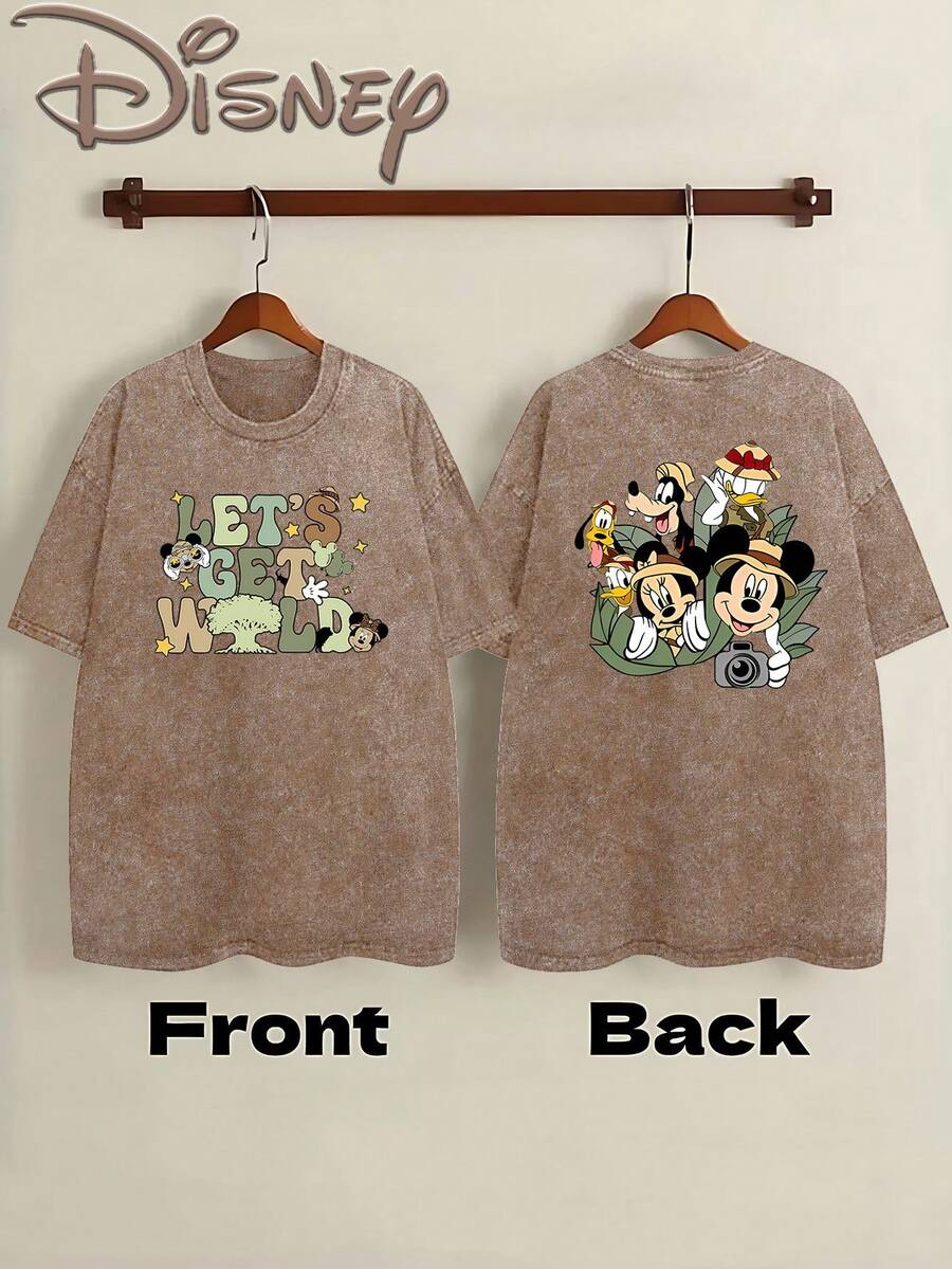 Disney Street Style T-Shirt For Both Men And Women, Featuring A Loose Fit And Made From Washed Fabric, Designed For The Spring And Summer Of 2026 With A Joyful Tropical Jungle Print - Màu nâu  Mocha - Xem 1