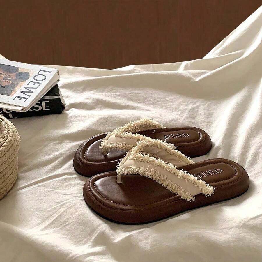 Women Summer Flat Sandals Open Toe Tassel Decor Soft PU Rubber Outsole Casual Vacation Footwear - Beige - View 1