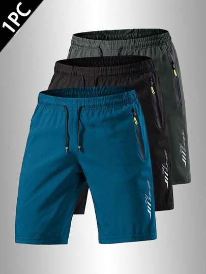 Quần short thể thao nam dáng rộng, nhanh khô, đóng gói đơn, thiết kế sọc phản quang, có túi, khóa kéo và dây rút ở eo, thích hợp cho phòng tập, chạy bộ và các hoạt động ngoài trời.