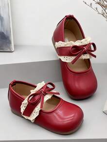 Wine Red Lace Bow Girls Mary Jane Shoes, Vintage Bright Tone Soft Sole, Birthday Party Princess Leather Shoes - Burgundy - View 6