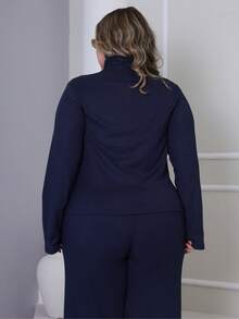 Women's Plus Size Winter Set, Plain, Consisting Of Wide-Leg Pants And A Zippered Top In Ribbed, Fleece-Lined Knit Fabric. - 藏蓝色 - 查看 6