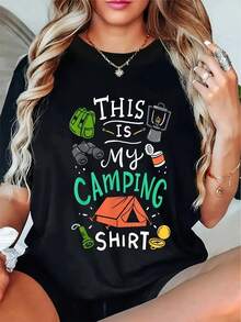 Den senaste modellen från 2026: Börja din campingtur med denna mönstrade, tryckta dam-t-shirt med rund hals och korta ärmar. - Svart - Visa 6