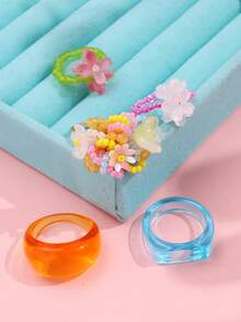 5件套精致可爱时尚独特设计串珠花朵树脂戒指套装，优雅日常珠宝，女士礼物 - 彩色 - 查看 5