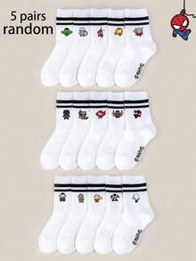 1/5/10 pares de calcetines para niños con diseños de Marvel Spider-Man, Iron Man, Thor, calcetines de rayas negras y blancas tipo tripulación, calcetines tobilleros para niñas/niños, calcetines tobilleros casuales y transpirables con dibujos animados antideslizantes, estilo casual y lindo, para uso diario/regalo de fiesta/verano, diversión de dibujos animados, calcetines de regalo versátiles minimalistas, calcetines tobilleros deportivos para estudiantes, edición limitada de crossover de anime - Blanco - Ver 13