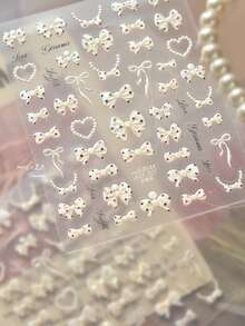 1张浪漫白色珍珠蝴蝶结美甲贴纸，波点蝴蝶结图案，5D立体浮雕自粘美甲贴，适用于DIY美甲装饰 - 彩色 - 查看 7