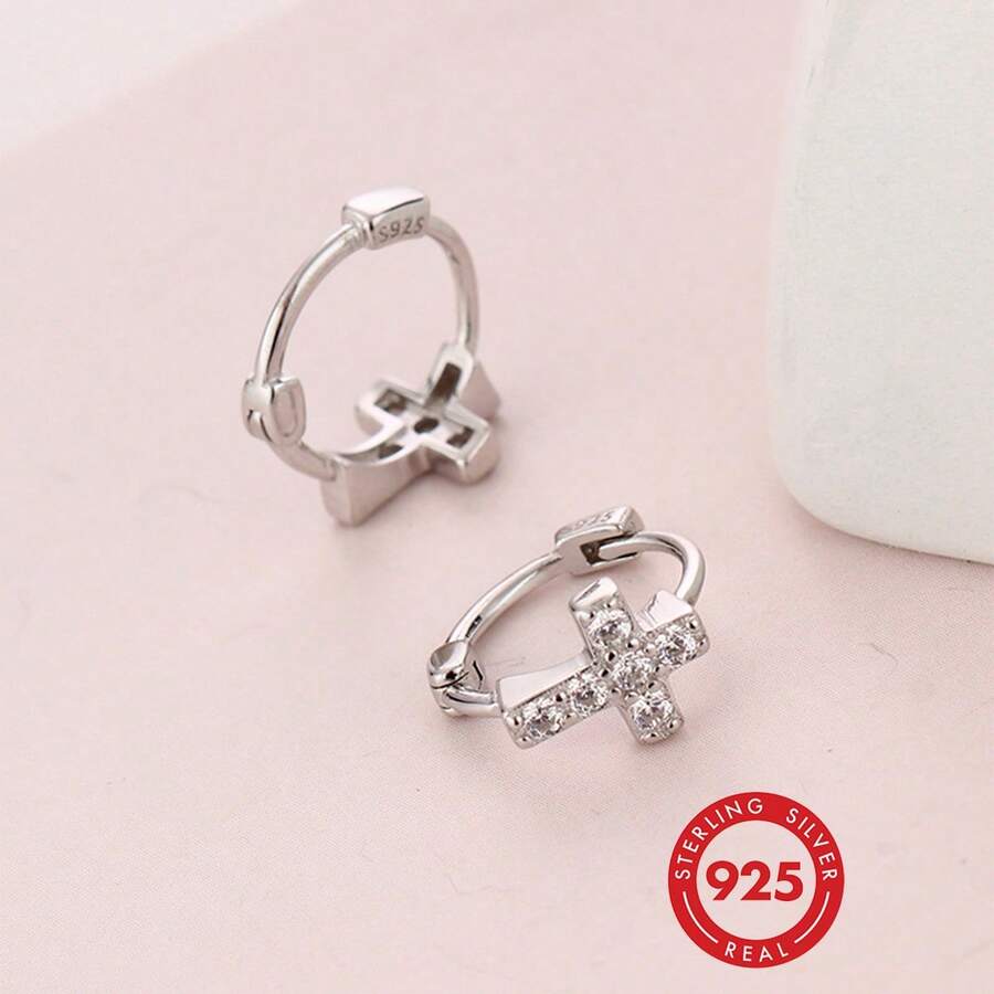 1 Pair Minimalist 925 Sterling Silver White Zirconia Cross Earrings, Small And Round, Suitable For Daily Wear, High-Quality Women's Accessory And Great Gift Choice - RS0021-s - View 1