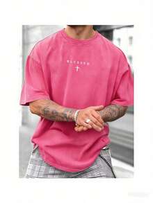 [100% Cotton Top] Cross & Letter Print Washed Tee - Retro Round Neck Breathable Streetwear, Casual Short Sleeve T-Shirt For Summer, Top For All Season - 紅色 - 查看 1