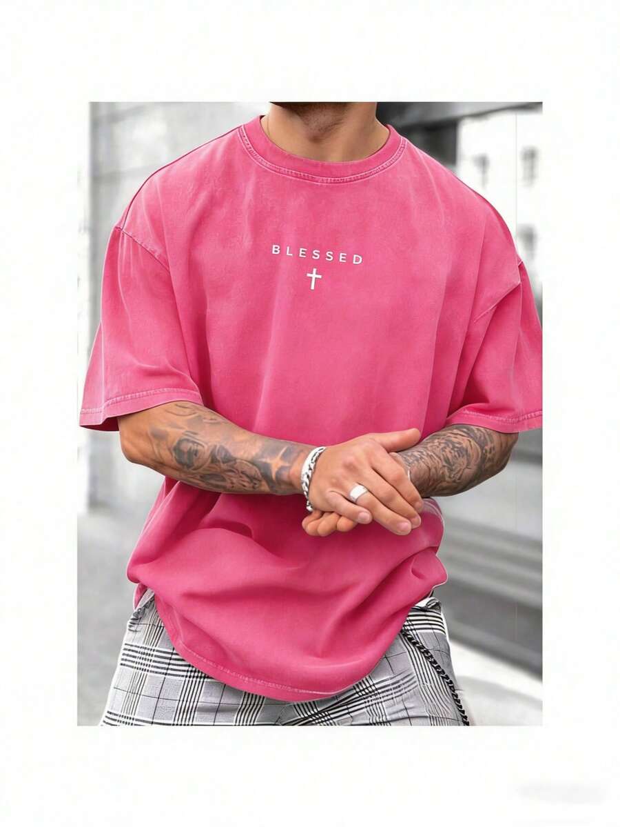 [100% Cotton Top] Cross & Letter Print Washed Tee - Retro Round Neck Breathable Streetwear, Casual Short Sleeve T-Shirt For Summer, Top For All Season - 紅色 - 查看 1