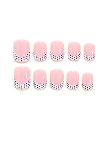 24pcs Square White Framed Polka Dot Pattern False Nails, Elegant Retro Style, Includes 1 Glue Sticker And 1 Mini File, Random Delivery, Suitable For Women And Girls Daily Wear - White - View 3