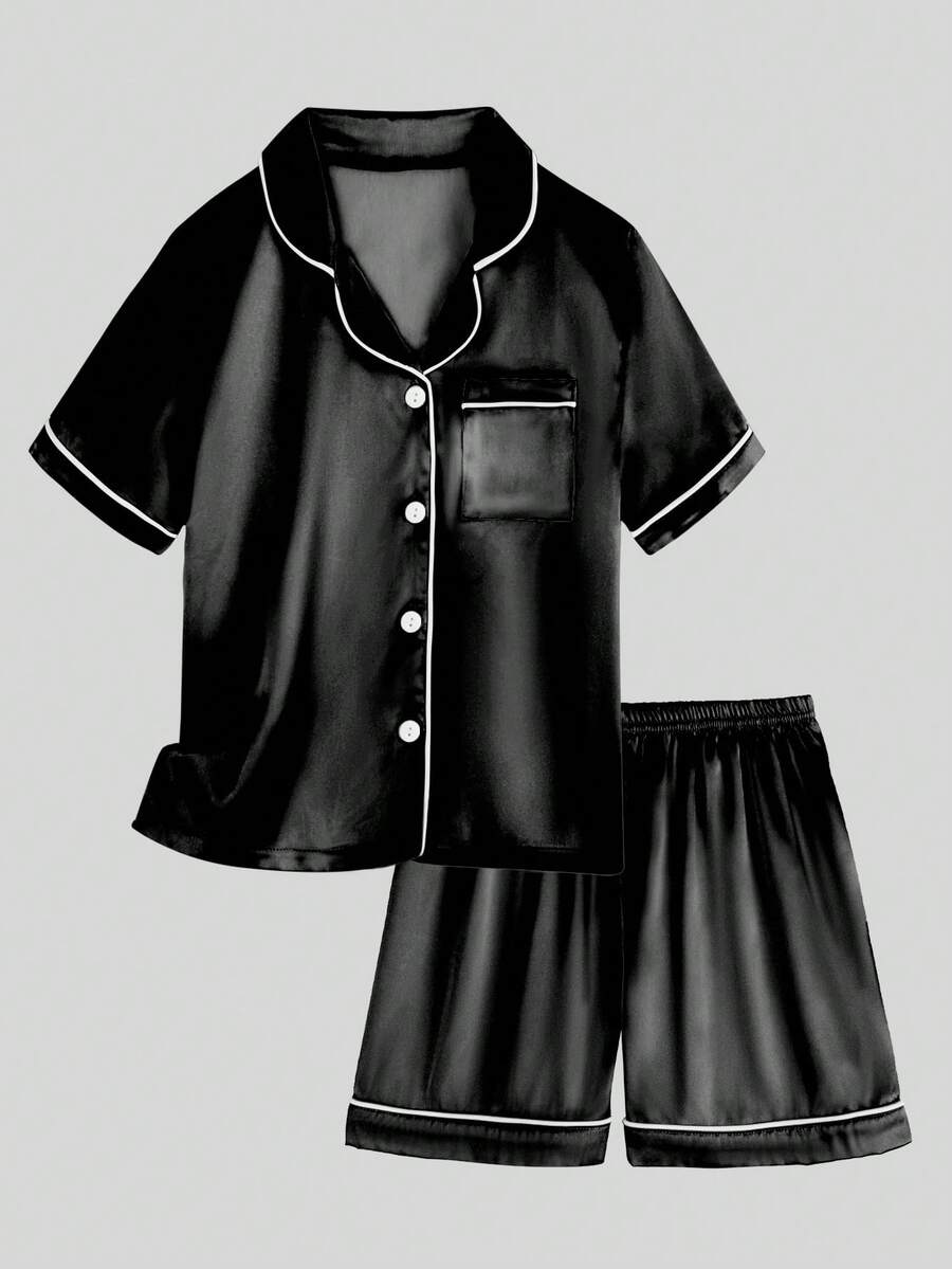 Tween Boy Black Mottled Collar Short Sleeve Single-Breasted Top And Shorts Casual Pajama 2-Piece Set