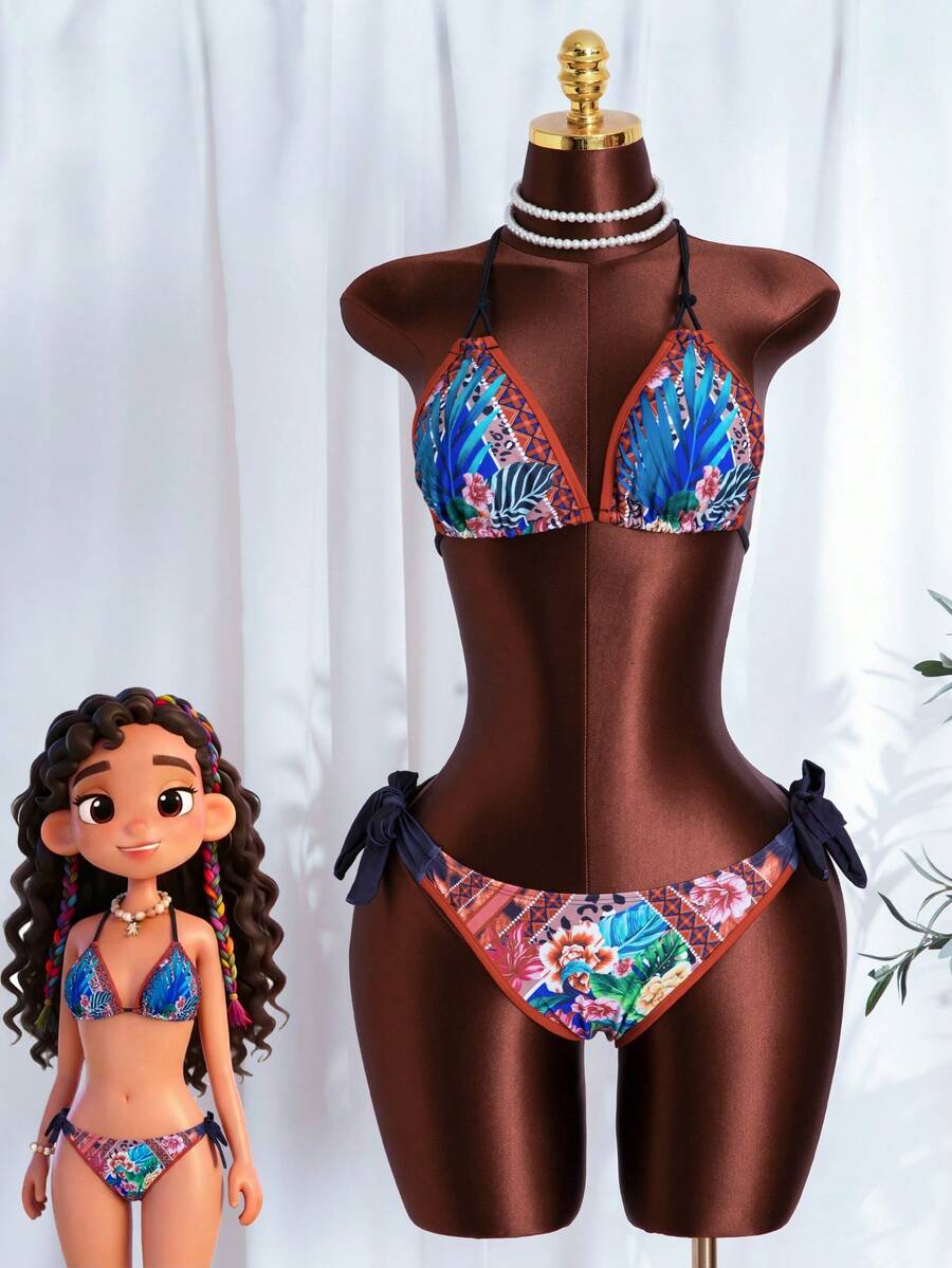 Cute Tropical Print Halter Lace Up Bikini Set For Women, Stylish Boho Beach Swimsuit With Tie Side Bottoms Vacation - Flower - View 1