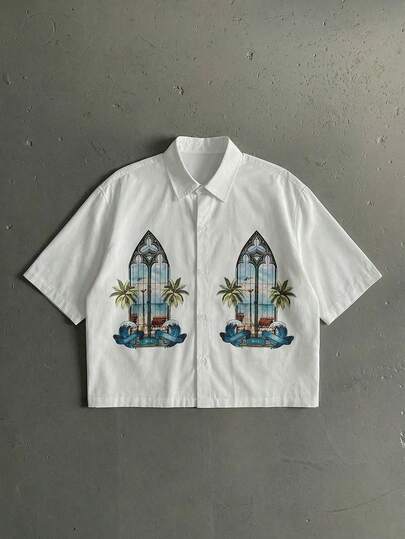  FRACTYR 男士夏季休闲街头风全印花短袖衬衫，双面印花设计，宽松版型，透气亲肤短款休闲衬衫