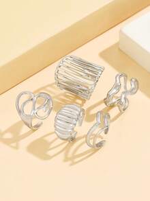 5pcs Geometric Asymmetrical Line Stainless Steel Ring Set, Elegant Hollow Streamlined Open Ring, 18K Gold Plated Waterproof Tarnish Resistant Jewelry For Daily Wear - Geometry - View 11