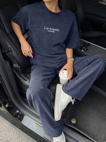 Women's Washed Brown T-Shirt And Pants Two-Piece Casual Set - 藏蓝色 - 查看 7