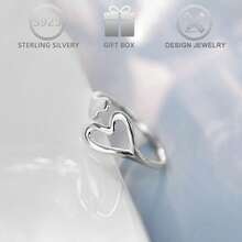 1 pieza Anillo de diseño asimétrico con corazón hueco minimalista de plata de ley 925, adecuado para uso diario, regalo para vacaciones y Día de San Valentín - Plateado - Ver 4
