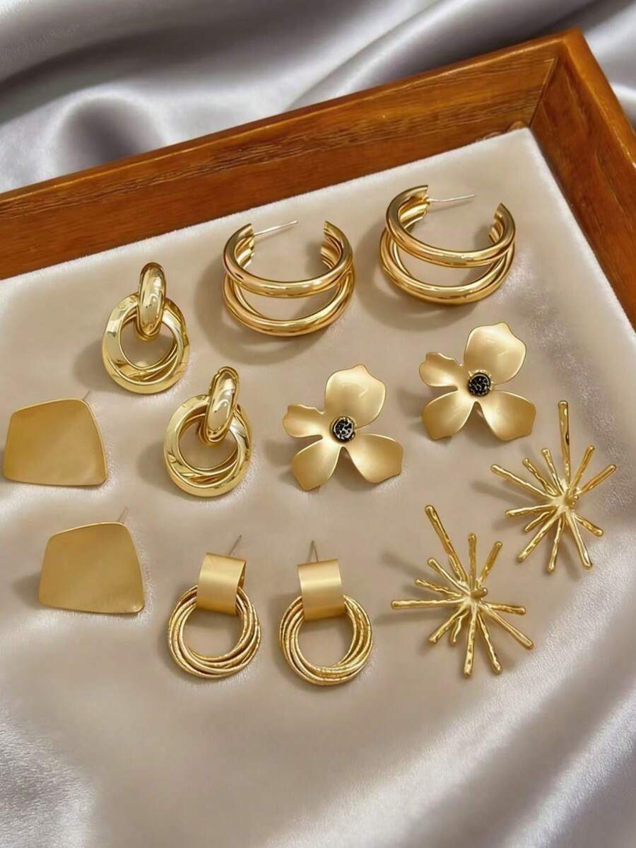 Bộ 6 khuyên tai kim loại hình chữ C nhiều lớp, kiểu dáng tối giản cổ điển, nhỏ nhắn, phù hợp cho cả đeo hàng ngày và dịp lễ. - Nhiều màu - Xem 1