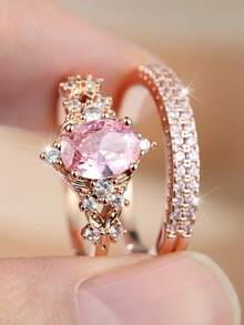 2 Pieces/Set Of Luxurious, Classic Pink Oval-Cut Zirconia Wedding Ring Sets For Women-Elegant And Charming Accessories Designed Exclusively For Women And Girls-A Sparkling Jewelry Gift For Her - Pink - View 1