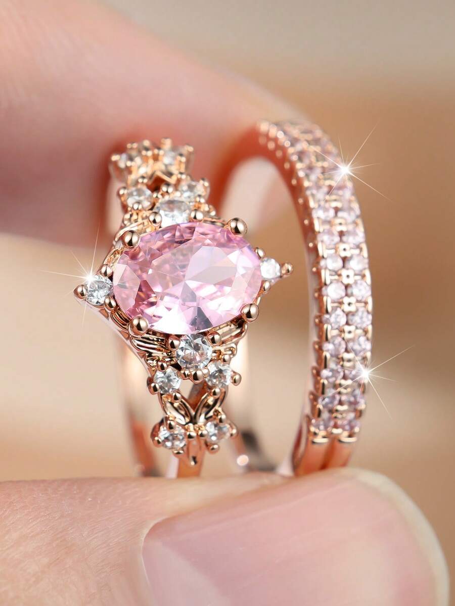 2 Pieces/Set Of Luxurious, Classic Pink Oval-Cut Zirconia Wedding Ring Sets For Women-Elegant And Charming Accessories Designed Exclusively For Women And Girls-A Sparkling Jewelry Gift For Her - Pink - View 1