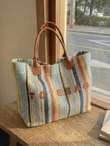 Colorful Striped Straw Tote Bag, Large Capacity Handbag, Versatile Casual Beach Bag For Travel & Vacation - Brown - View 11