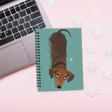 1 pieza de un lindo cuaderno de espiral con tapa dura de un Dachshund alemán - con un fondo azul cielo con estrellas doradas y hojas verdes, perfecto para uso diario en la oficina, la escuela o para llevar un diario, cuaderno escolar - H - Ver 3
