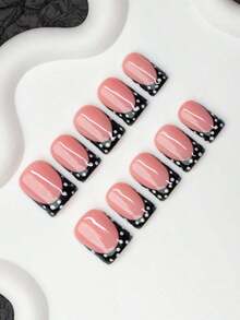 10pcs Square Shaped Handmade Nail Tips, Y2K Baddie Style, & Black Color With French Tips And Polka Dot Elements, Handcrafted Nail Decorations Suitable Women And Girls, Party, Wedding, Daily Wear, Comes With Kit (Random Color) Nails Nail Supplies - 主要設計 - 查看 2