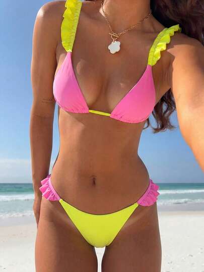 Bộ bikini 2 mảnh màu trơn phối ren, dây buộc bèo nhún, thời trang, thanh lịch, gợi cảm dành cho nữ, thích hợp cho kỳ nghỉ.