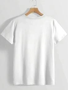 Camiseta Casual de Manga Corta para Mujer - Estampado de letras de anime en ambos lados con diseño de colores contrastantes, cuello redondo cómodo, lavable a máquina, top moderno para uso diario en primavera y verano, corte holgado a la moda, tela ligera, camiseta estampada, ropa de verano. - Blanco - Ver 3