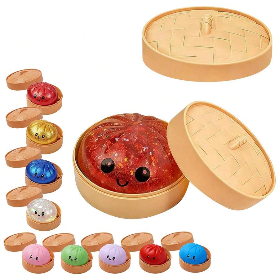 Dumpling Squishy Toy With Steamer Box, Bright Red Glitter Slow Rising Fidget Squishies, Sensory Toys For Classroom, Stress Relief Anxiety Fidgets For Adults Kids, Kawaii Food Shaped Collectible Squishies, Party Favors, Soft Pinch Gift, Bright Red - 鮮紅色 - 查看 1