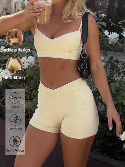 Bộ đồ tập yoga/thể dục 2 mảnh màu vàng mùa hè BabeHomee dành cho nữ, gồm áo croptop hai dây và quần short, hoàn hảo cho chạy bộ, tập luyện, phong cách đường phố, đi làm, hẹn hò và chụp ảnh.