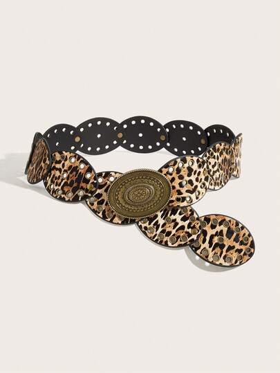 1pc Vintage Matte Leopard Print Oval Buckle Patchwork Belt, Bohemian Y2K Contrast Color Oval Plate Splice Women's Waist Belt, Suitable For Dresses, Skirts, Jeans, Casual Pants, Suitable For Parties, School, Work, Daily Wear, Travel, Beach, Gifts, Birthday, Mother's Day, Music Festivals, Campus Season