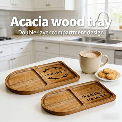 1PC Acacia Wood Tray, Wooden Tray, Suitable For Holding Coffee, Fruits, Biscuits And Cheese. It Is A Home Decor Tray And A Dual-Compartment Wooden Snack Plate For Kitchen Use, Ideal For Afternoon Tea, Coffee Breaks And Daily Household Use. This Dual-Compartment Wooden Coffee And Snack Tray, A Vintage-Style Kitchen Decorative Ornament, Makes An Ideal Gift For Grandfathers, Fathers And Coffee Enthusiasts.