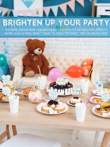 16pcs/24pcs Blue Bear Cake Toppers, Baby Boy Birthday Party Decorations, Baby Shower, Gender Reveal Party Supplies - Multicolor - View 4