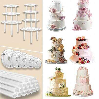 4/12/16pcs Transparent Cake Sticks Support Rods With 4 Cake Board Drums,White Plastic Cake Separator Plates For Tiered Cake Hollow Cake Sticks ,4, 6, 8, 10 Inch Cakes In The Party,Wedding,Birthday,Wedding Cake Building And Stacking,Tall Baking Creations, Cake Baking Supplies