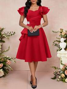 Fleurora Vestido de verano elegante de mujer con volantes y adornos de strass en la cintura - Rojo - Ver 5