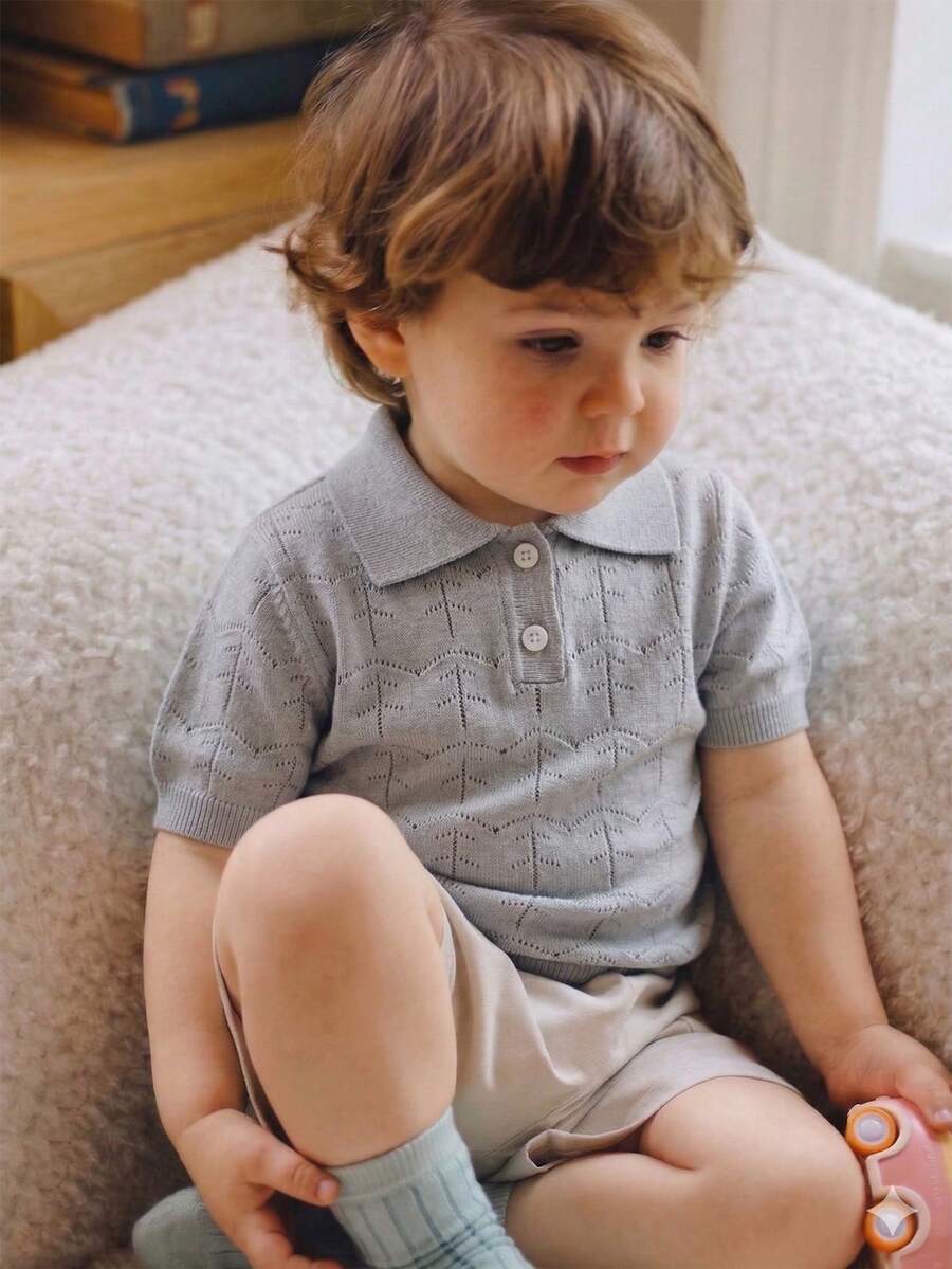 Boys' Casual Solid Color Hollow Collar Polo Shirt Short Sleeve Thin Knit Sweater Pullover, Suitable For School & Daily Wear, Spring/Summer/Autumn - Grey - View 1