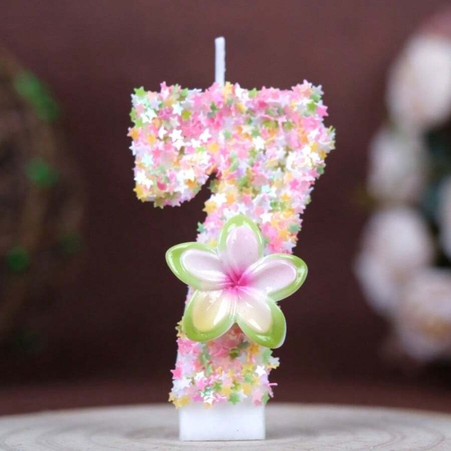 1pc 0-9 Numeric Birthday Candle With Green Edge & 5-Petal Flower, Creative Handmade Candle For Birthday, Anniversary, Party Cake Decoration