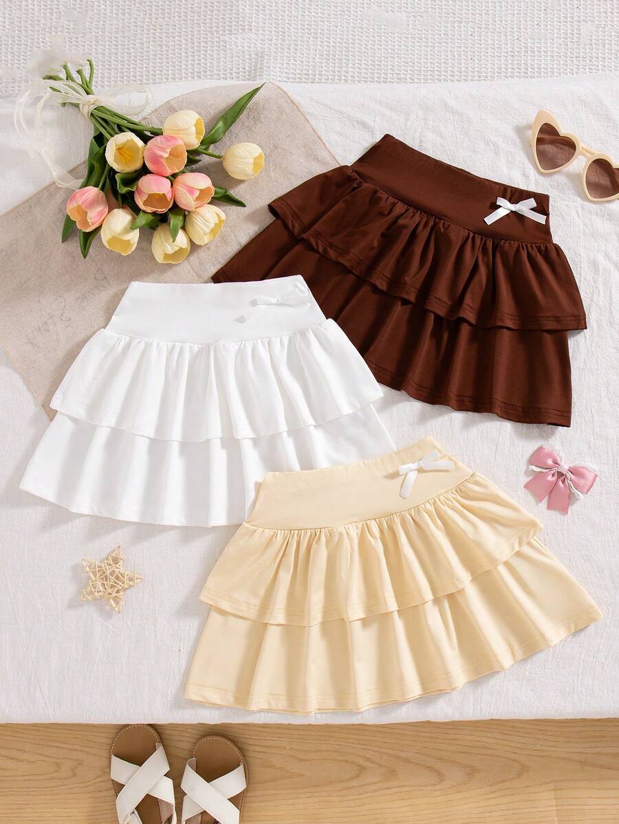 3pcs/Set Girls' Casual Solid Color Layered Skirt With 3D Bow Decor, Suitable For Daily Outings - Coffee Brown - View 1