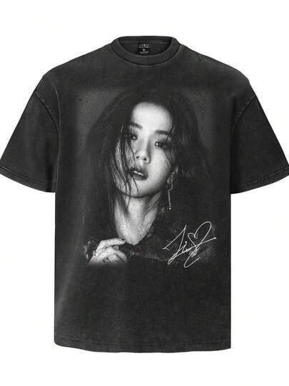 JENNIE Park Chae-Young  JISOO Washed Loose Short-Sleeve-Shirt Men And Women | % Fabric, Crew Neck, Short Sleeve, Regular Fit, Casual Style, All-Season, Valentines, New Year'S Day, Father'S Day, - Soft & Breathable Casual Wear - Casual Streetwear Style - Casual Wear - Black Round Neck Design - Street Fashion-Shirt